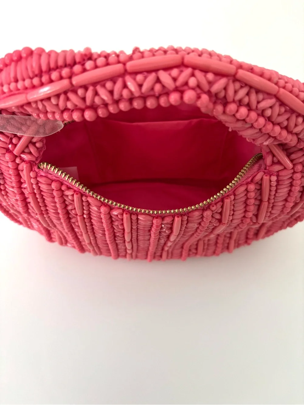 Handcrafted In India Pink Beaded Hobo Handbag NWT Half-Round Zipper Closure